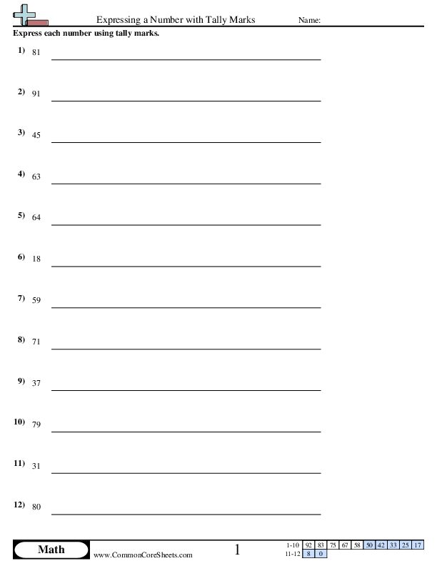 Expressing a Number with Tally Marks worksheet